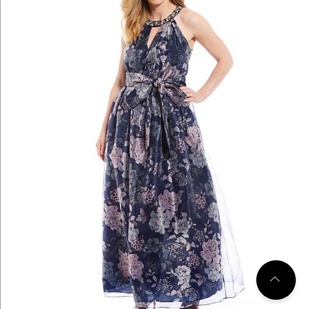 Jessica Howard Plus Size Beaded Halter Neck Floral Print Tie Waist Ballgown 16W